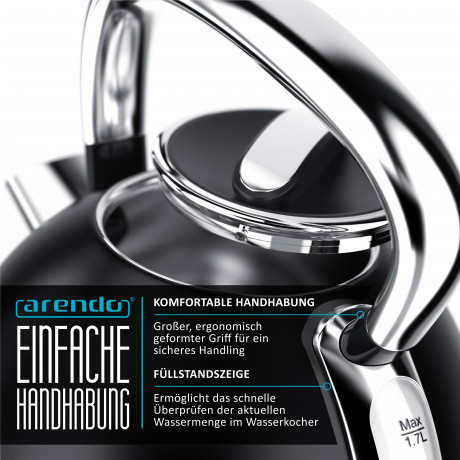 Arendo Arendo Wasserkocher, 1,7 l, 2200 W, Edelstahl Retrostyle Vintage, Uberhitzung  Trockenkochschutz, schwarz  Чайник Arendo, 1,7 л, 2200 Вт, нержавеющая сталь, ретро-стиль, винтаж, защита от перегрева и выкипания, черный