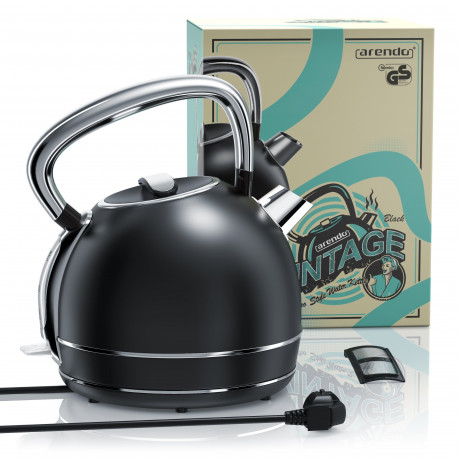 Arendo Arendo Wasserkocher, 1,7 l, 2200 W, Edelstahl Retrostyle Vintage, Uberhitzung  Trockenkochschutz, schwarz  Чайник Arendo, 1,7 л, 2200 Вт, нержавеющая сталь, ретро-стиль, винтаж, защита от перегрева и выкипания, черный