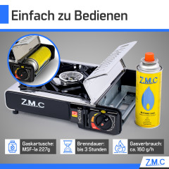 ZMC ZMC Gaskocher Edelstahl Campingkocher Gaskocher 1 Flammig, (Warmeleistung: 2,2KW Tragbarer Kochfeld), Outdoor Camping Gas Kocher Herd Kartuschenkocher + Transportkoffer  Газовая плита ZMC Кемпинговая плита из нержавеющей стали Газовая плита с 1 пламен