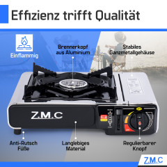ZMC ZMC Gaskocher Edelstahl Campingkocher Gaskocher 1 Flammig, (Warmeleistung: 2,2KW Tragbarer Kochfeld), Outdoor Camping Gas Kocher Herd Kartuschenkocher + Transportkoffer  Газовая плита ZMC Кемпинговая плита из нержавеющей стали Газовая плита с 1 пламен