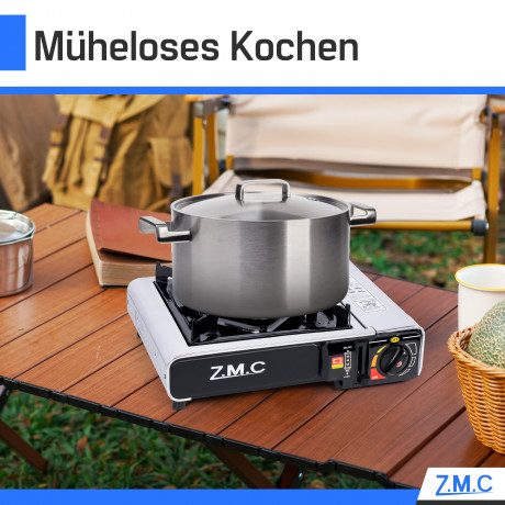 ZMC ZMC Gaskocher Edelstahl Campingkocher Gaskocher 1 Flammig, (Warmeleistung: 2,2KW Tragbarer Kochfeld), Outdoor Camping Gas Kocher Herd Kartuschenkocher + Transportkoffer Газовая плита ZMC Кемпинговая плита из нержавеющей стали Газовая плита с 1 пламен