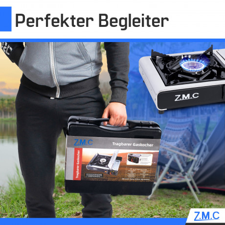 ZMC ZMC Gaskocher Edelstahl Campingkocher Gaskocher 1 Flammig, (Warmeleistung: 2,2KW Tragbarer Kochfeld), Outdoor Camping Gas Kocher Herd Kartuschenkocher + Transportkoffer Газовая плита ZMC Кемпинговая плита из нержавеющей стали Газовая плита с 1 пламен