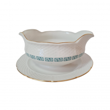 Соусник винтажный Thun, белый фарфор с зеленым узором и позолотой Natalie, 17 x 8 см, Чехословакия, 1960-70гг.