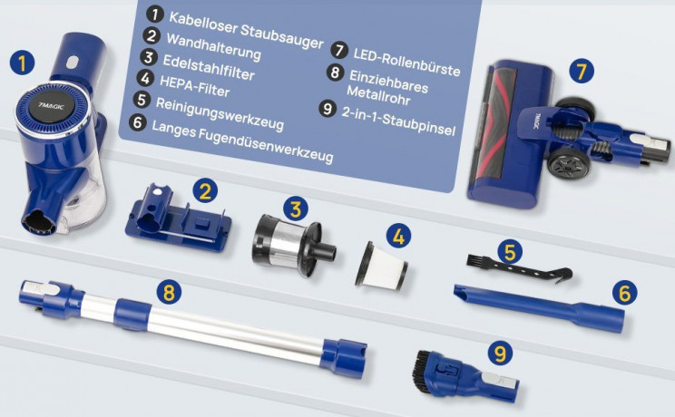 7Magic 7Magic Akku-Stielstaubsauger CJ-C8 Akku Handstaubsauger, 350,00 W, 4 in 1 Kabelloser Staubsauger 33000Pa, 60 Min Laufzeit, Ultraleiser Akkusauger Kabellos fur Hartboden Teppich Tierhaare Auto 7Magic Беспроводной пылесос Беспроводной ручной пылесос
