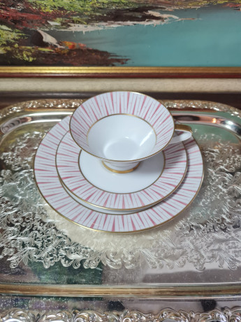 Чайное трио винтажное Kongl.prv. Tettau с розовым декором и золотой окантовкой, фарфор, Германия, 1960-70гг.