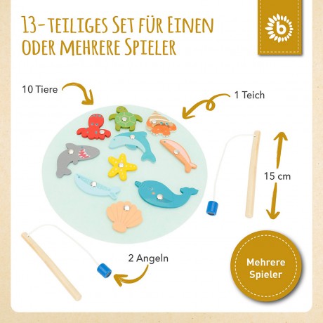 bieco Holz Fische Angeln Spiel 13 tlg. Angelspeil Magnet Angel Holzspielzeug O 24 cm Aktionsspiele Деревянная рыбная ловля