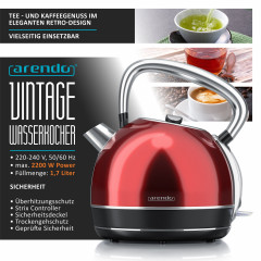 Arendo Arendo Wasserkocher, 1,7 l, 2200 W, Edelstahl, Retro Style Vintage, Uberhitzungs  Trockenkochschutz, rot natur Чайник Arendo, 1,7 л, 2200 Вт, нержавеющая сталь, винтажный ретро-стиль, защита от перегрева при сухом кипячении, красный
