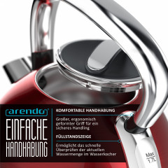 Arendo Arendo Wasserkocher, 1,7 l, 2200 W, Edelstahl, Retro Style Vintage, Uberhitzungs  Trockenkochschutz, rot natur Чайник Arendo, 1,7 л, 2200 Вт, нержавеющая сталь, винтажный ретро-стиль, защита от перегрева при сухом кипячении, красный