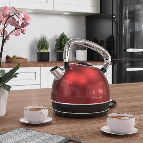 Arendo Arendo Wasserkocher, 1,7 l, 2200 W, Edelstahl, Retro Style Vintage, Uberhitzungs  Trockenkochschutz, rot natur Чайник Arendo, 1,7 л, 2200 Вт, нержавеющая сталь, винтажный ретро-стиль, защита от перегрева при сухом кипячении, красный
