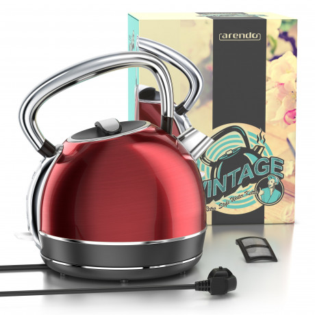 Arendo Arendo Wasserkocher, 1,7 l, 2200 W, Edelstahl, Retro Style Vintage, Uberhitzungs  Trockenkochschutz, rot natur Чайник Arendo, 1,7 л, 2200 Вт, нержавеющая сталь, винтажный ретро-стиль, защита от перегрева при сухом кипячении, красный