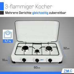 ZMC ZMC Gaskocher Tragbarer Gaskocher Campingkocher 3-flammig inkl. Schlauch und Regler, 5,4 kW 50 mBar Outdoor Gasherd Kochfeld Herd Propangas Tischkocher  Газовая плита ZMC, переносная газовая плита, походная плита, 3 пламени, включая шланг и регулятор,