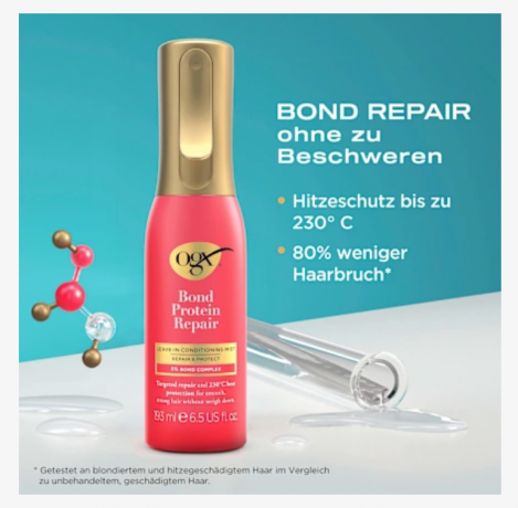 OGX Hitzeschutzspray Bond Protein Repair, 193 ml, Термозащитный спрей для волос (США) Bond Protein Repair, защита от температуры до 230 C, восстановление и защита от ломкости, протеиновый комплекс, 193 мл