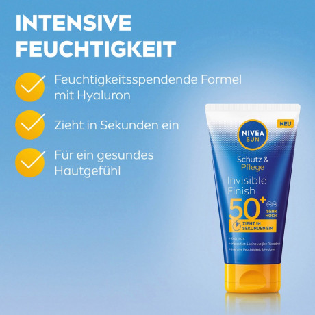 NIVEA SUN Schutz & Pflege Invisible Finish Sonnencreme LSF 50, 150 ml, Нивеа Солнцезащитный крем, SPF 50, невидимое покрытие, без белых следов, 150 мл