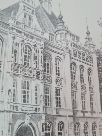 Картина в раме винтажная в черно-белых тонах "Королевский дворец" Brukner Stuttgart, 31,5 x 42 см, Германия, 1960-70гг.