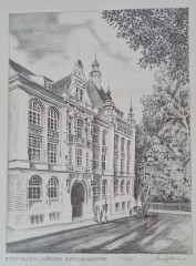 Картина в раме винтажная в черно-белых тонах &quot;Королевский дворец&quot; Brukner Stuttgart, 31,5 x 42 см, Германия, 1960-70гг.