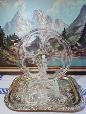 Тарелка винтажная для сервировки Walther Glas с декором в виде роз, заводская упаковка, хрусталь, 33,5 x 2 см, Германия, 1960-70гг.