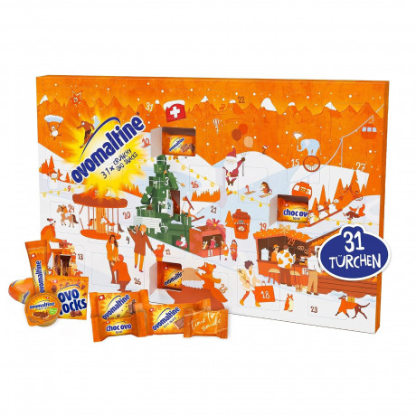 Ovomaltine Crunchy Minis Adventskalender 2026, Адвент-календарь 2026 Ovomaltine с 31 сладким сюрпризом 12 видов, шоколадом, печеньем и пастой, 297,5 г