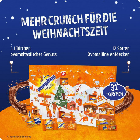 Ovomaltine Crunchy Minis Adventskalender 2026, Адвент-календарь 2026 Ovomaltine с 31 сладким сюрпризом 12 видов, шоколадом, печеньем и пастой, 297,5 г