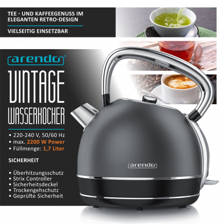 Arendo Arendo Wasserkocher, 1,7 l, 2200 W, Edelstahl, Retro Style Vintage, Uberhitzungs Trockenkochschutz, grau Чайник Arendo, 1,7 л, 2200 Вт, нержавеющая сталь, винтажный ретро-стиль, защита от перегрева при сухом кипячении, серый