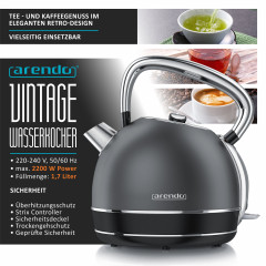 Arendo Arendo Wasserkocher, 1,7 l, 2200 W, Edelstahl, Retro Style Vintage, Uberhitzungs  Trockenkochschutz, grau  Чайник Arendo, 1,7 л, 2200 Вт, нержавеющая сталь, винтажный ретро-стиль, защита от перегрева при сухом кипячении, серый
