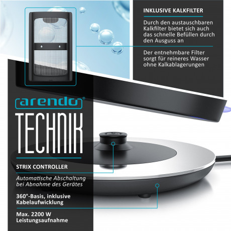 Arendo Arendo Wasserkocher, 1,7 l, 2200 W, Edelstahl, Retro Style Vintage, Uberhitzungs Trockenkochschutz, grau Чайник Arendo, 1,7 л, 2200 Вт, нержавеющая сталь, винтажный ретро-стиль, защита от перегрева при сухом кипячении, серый