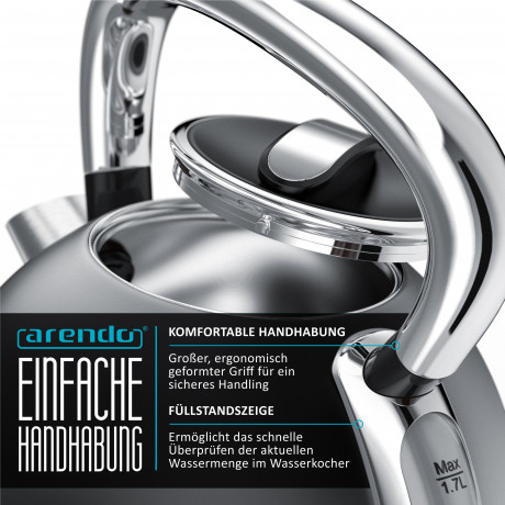 Arendo Arendo Wasserkocher, 1,7 l, 2200 W, Edelstahl, Retro Style Vintage, Uberhitzungs Trockenkochschutz, grau Чайник Arendo, 1,7 л, 2200 Вт, нержавеющая сталь, винтажный ретро-стиль, защита от перегрева при сухом кипячении, серый