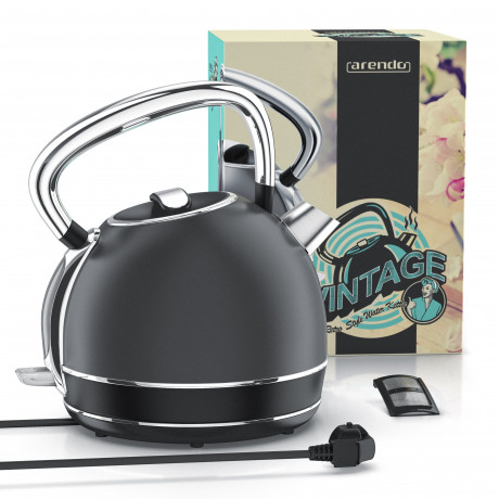 Arendo Arendo Wasserkocher, 1,7 l, 2200 W, Edelstahl, Retro Style Vintage, Uberhitzungs Trockenkochschutz, grau Чайник Arendo, 1,7 л, 2200 Вт, нержавеющая сталь, винтажный ретро-стиль, защита от перегрева при сухом кипячении, серый