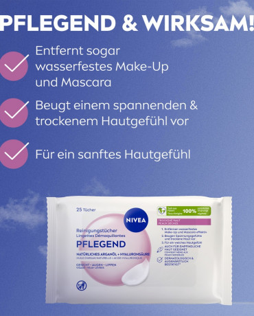 NIVEA Reinigungstucher Pflegend, 25 Stuck, Нивеа Очищающие салфетки ухаживающие, аргановое масло и гиалурон, для сухой кожи, 25 шт