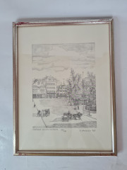 Картина в раме винтажная в черно-белых тонах &quot;Старая площадь&quot; Brukner Stuttgart, 31,5 x 42 см, Германия, 1960-70гг.