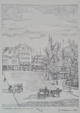 Картина в раме винтажная в черно-белых тонах "Старая площадь" Brukner Stuttgart, 31,5 x 42 см, Германия, 1960-70гг.