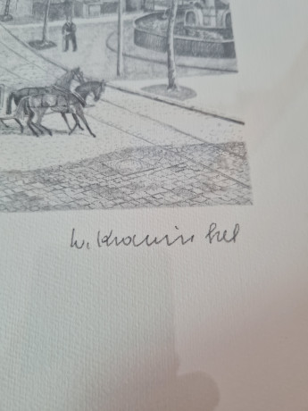 Картина в раме винтажная в черно-белых тонах "Старая площадь" Brukner Stuttgart, 31,5 x 42 см, Германия, 1960-70гг.