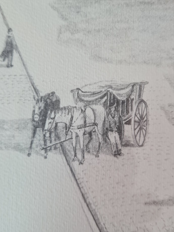 Картина в раме винтажная в черно-белых тонах "Старая площадь" Brukner Stuttgart, 31,5 x 42 см, Германия, 1960-70гг.