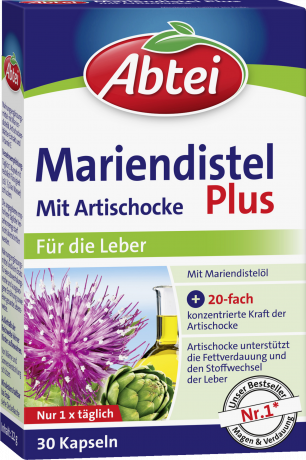 Abtei Mariendistel Plus Mit Artischocke 30 Kapseln (22 g), Abtei Капсулы с расторопшей и артишоком для поддержки печени и переваривания жиров, 30 капсул (22 г)