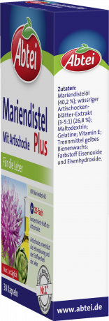 Abtei Mariendistel Plus Mit Artischocke 30 Kapseln (22 g), Abtei Капсулы с расторопшей и артишоком для поддержки печени и переваривания жиров, 30 капсул (22 г)