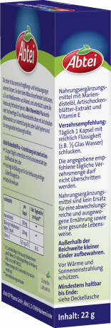 Abtei Mariendistel Plus Mit Artischocke 30 Kapseln (22 g), Abtei Капсулы с расторопшей и артишоком для поддержки печени и переваривания жиров, 30 капсул (22 г)