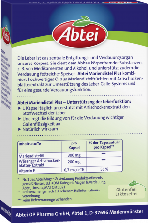 Abtei Mariendistel Plus Mit Artischocke 30 Kapseln (22 g), Abtei Капсулы с расторопшей и артишоком для поддержки печени и переваривания жиров, 30 капсул (22 г)