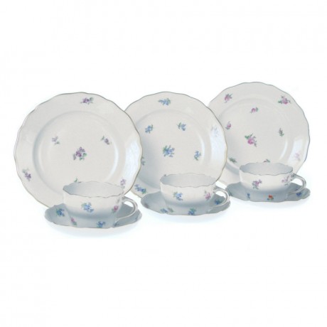 Meissen Meissen Neuer Ausschnitt - gestreute Roschen und Vergissmeinnicht bunt mit Goldrand Kaffee-Gedeck 3 Personen 9-tlg. Meissen New section - разбросанные розы и разноцветные незабудки с золотой каймой кофейный сервиз на 3 персоны 9 шт.