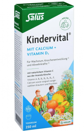 Salus Kindervital mit Calcium + Vitamin D3, 250 ml, Тоник для роста и иммунитета для детей с 3 лет, с кальцием, 9 витаминами, ацеролой, веган , 250 мл