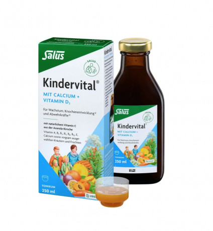 Salus Kindervital mit Calcium + Vitamin D3, 250 ml, Тоник для роста и иммунитета для детей с 3 лет, с кальцием, 9 витаминами, ацеролой, веган , 250 мл