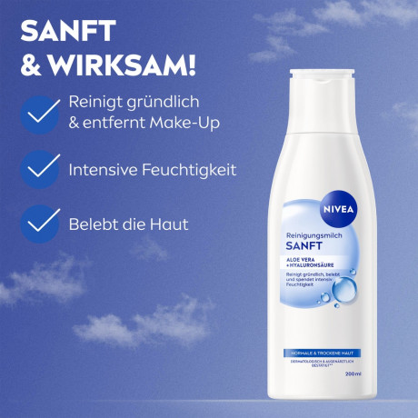 NIVEA Sanfte Reinigungsmilch, 200 ml, Нивеа Молочко для снятия макияжа, миндальное масло и гиалурон, для сухой и чувствительной кожи, 200 мл