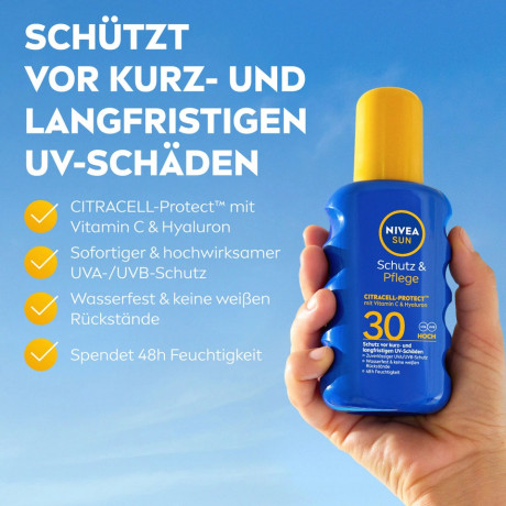 NIVEA SUN Schutz & Pflege Sonnenspray LSF 30, 200 ml, Нивеа Солнцезащитный спрей, SPF 30, водостойкий, увлажнение, 200 мл