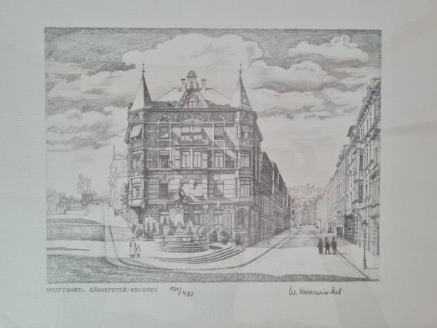 Картина в раме винтажная в черно-белых тонах "Фонтан" Brukner Stuttgart, 31,5 x 42 см, Германия, 1960-70гг.