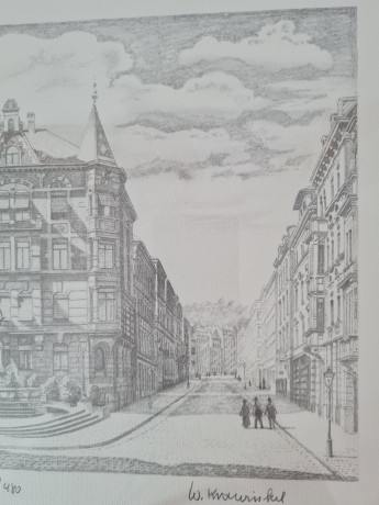 Картина в раме винтажная в черно-белых тонах "Фонтан" Brukner Stuttgart, 31,5 x 42 см, Германия, 1960-70гг.