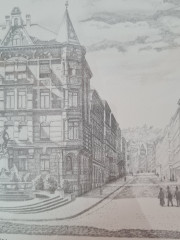 Картина в раме винтажная в черно-белых тонах &quot;Фонтан&quot; Brukner Stuttgart, 31,5 x 42 см, Германия, 1960-70гг.
