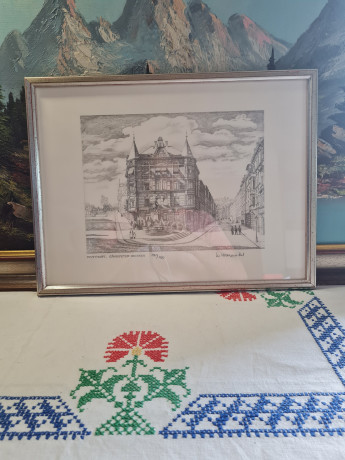 Картина в раме винтажная в черно-белых тонах "Фонтан" Brukner Stuttgart, 31,5 x 42 см, Германия, 1960-70гг.