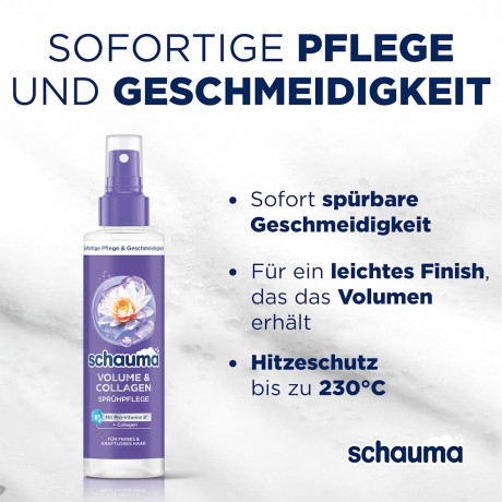 Schauma Leave-In Spray Volume & Collagen, 200 ml, Schauma несмываемый спрей для объёма Volume & Collagen с коллагеном, водяной лилией и термозащитой, 200 мл