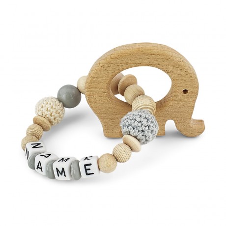 kleinerStorch Greifling mit Name – Madchen Jungen Beissring personalisiert – Holz Rassel Elefant Персонализированное кольцо для прорезывания зубов с именем