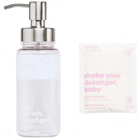 FUTURE STORIES Starterset Duschgel Pulver Kokos & Tonka inkl. Pumpspender Стартовый набор геля для душа в виде порошка кокоса и бобов тонка, включая дозатор с помпой