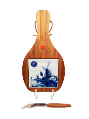 Разделочная доска винтажная Delft Blue (для сыра) &quot;Мельница&quot;, с ножом, декор - фарфоровая плитка, ручная роспись, 28.5 х 15.5 см, Голландия, 1960-70гг.