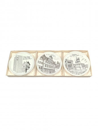 Набор декоративных тарелок винтажных Furstenberg "Немецкие города", в заводской упаковке, фарфор, 6 шт., 9.5 см, Германия, 1970-80гг.